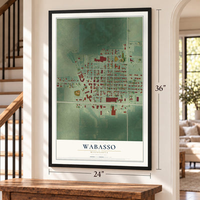 Wabasso, Minnesota map, 24 x 36 inch print in a black frame by a staircase
