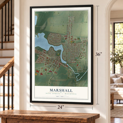 Marshall, Dane County, Wisconsin map, 24 x 36 inch print in a black frame by a staircase