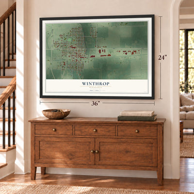 Winthrop, Minnesota map, 24 x 36 inch print in a black frame above a dresser by a staircase