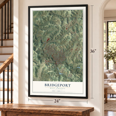 Bridgeport, West Virginia map, 24 x 36 inch print in a black frame by a staircase