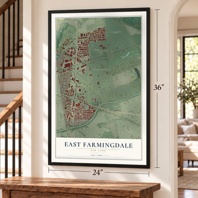 East Farmingdale, New York map, 24 x 36 inch print in a black frame by a staircase