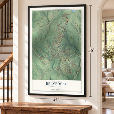 Belvedere, South Carolina map, 24 x 36 inch print in a black frame by a staircase