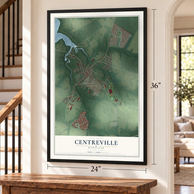 Centreville, Maryland map, 24 x 36 inch print in a black frame by a staircase