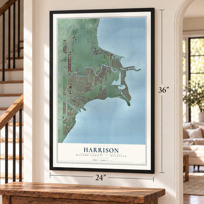 Harrison, Macomb County, Michigan map, 24 x 36 inch print in a black frame by a staircase