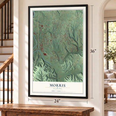 Morris, Alabama map, 24 x 36 inch print in a black frame by a staircase