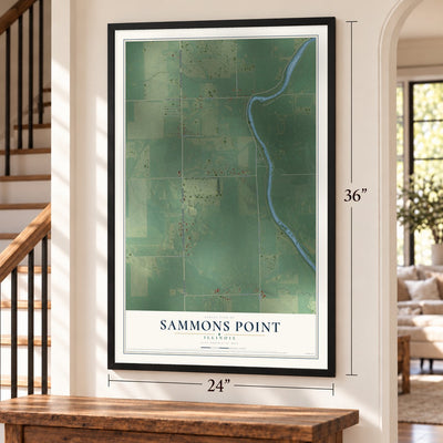 Sammons Point, Illinois map, 24 x 36 inch print in a black frame by a staircase