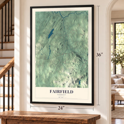 Fairfield, Vermont map, 24 x 36 inch print in a black frame by a staircase