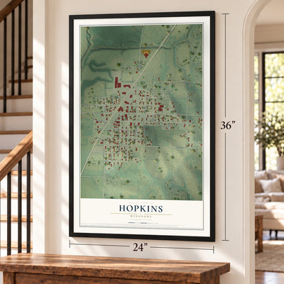 Hopkins, Missouri map, 24 x 36 inch print in a black frame by a staircase