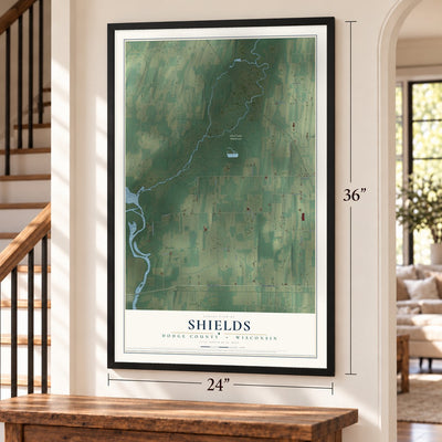 Shields, Dodge County, Wisconsin map, 24 x 36 inch print in a black frame by a staircase