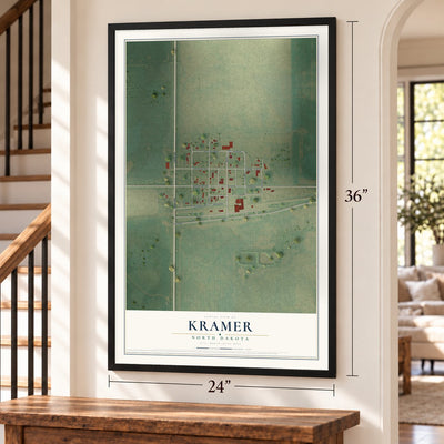 Kramer, North Dakota map, 24 x 36 inch print in a black frame by a staircase