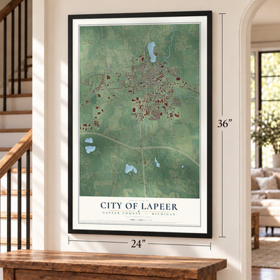 Lapeer, Michigan map, 24 x 36 inch print in a black frame by a staircase