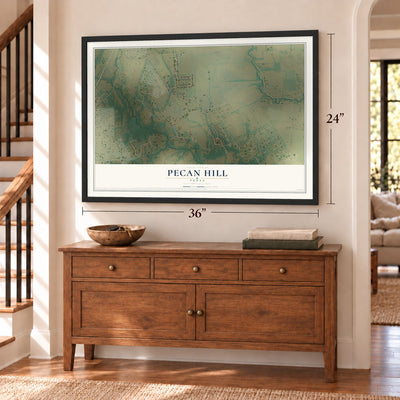 Pecan Hill, Texas map, 24 x 36 inch print in a black frame above a dresser by a staircase