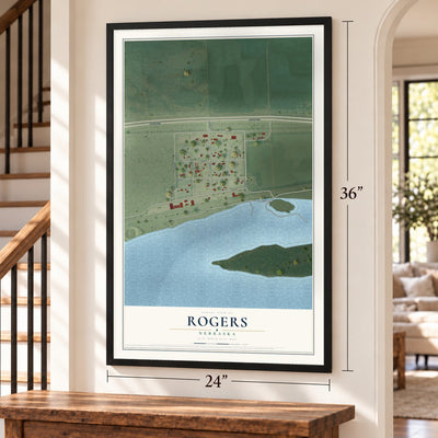 Rogers, Nebraska map, 24 x 36 inch print in a black frame by a staircase