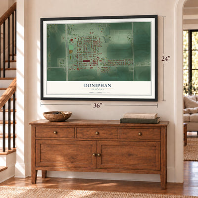 Doniphan, Nebraska map, 24 x 36 inch print in a black frame above a dresser by a staircase