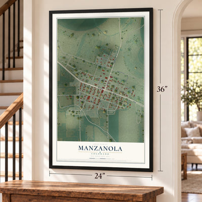 Manzanola, Colorado map, 24 x 36 inch print in a black frame by a staircase
