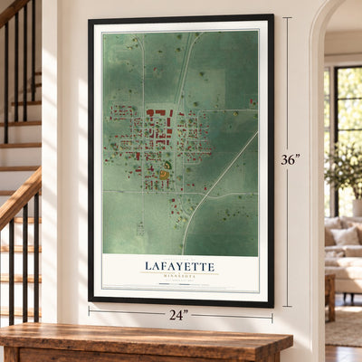 Lafayette, Minnesota map, 24 x 36 inch print in a black frame by a staircase