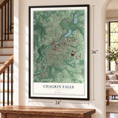 Chagrin Falls, Ohio map, 24 x 36 inch print in a black frame by a staircase