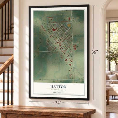 Hatton, North Dakota map, 24 x 36 inch print in a black frame by a staircase