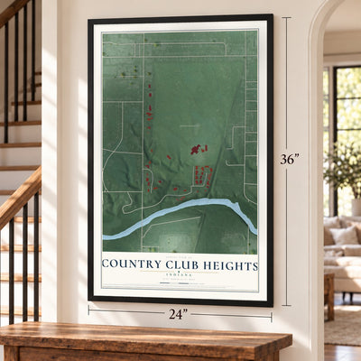 Country Club Heights, Indiana map, 24 x 36 inch print in a black frame by a staircase
