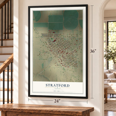 Stratford, Texas map, 24 x 36 inch print in a black frame by a staircase