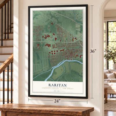 Raritan, Somerset County, New Jersey map, 24 x 36 inch print in a black frame by a staircase