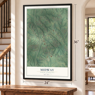 Midway, North Carolina map, 24 x 36 inch print in a black frame by a staircase