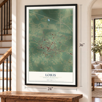 Loris, South Carolina map, 24 x 36 inch print in a black frame by a staircase