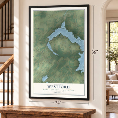 Westford, Dodge County, Wisconsin map, 24 x 36 inch print in a black frame by a staircase