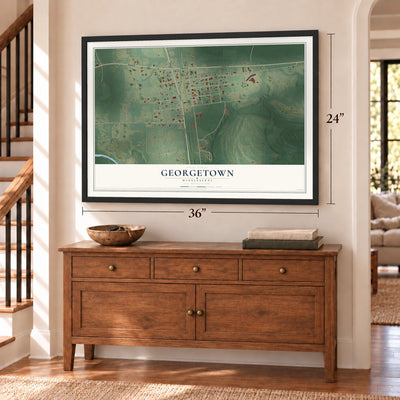 Georgetown, Mississippi map, 24 x 36 inch print in a black frame above a dresser by a staircase