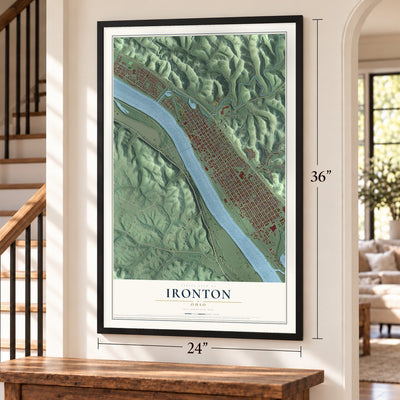 Ironton, Ohio map, 24 x 36 inch print in a black frame by a staircase
