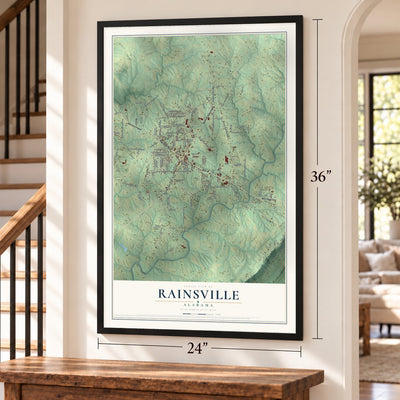 Rainsville, Alabama map, 24 x 36 inch print in a black frame by a staircase