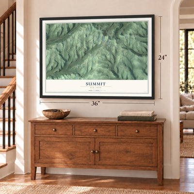 Summit, New York map, 24 x 36 inch print in a black frame above a dresser by a staircase