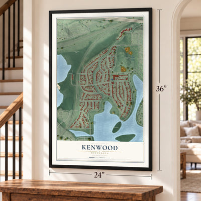 Kenwood, Minnesota map, 24 x 36 inch print in a black frame by a staircase