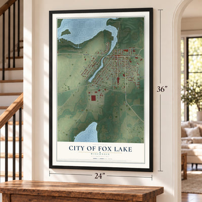Fox Lake, Wisconsin map, 24 x 36 inch print in a black frame by a staircase