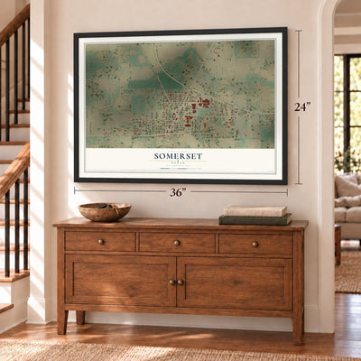 Somerset, Texas map, 24 x 36 inch print in a black frame above a dresser by a staircase