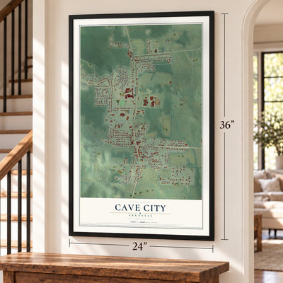 Cave City, Arkansas map, 24 x 36 inch print in a black frame by a staircase