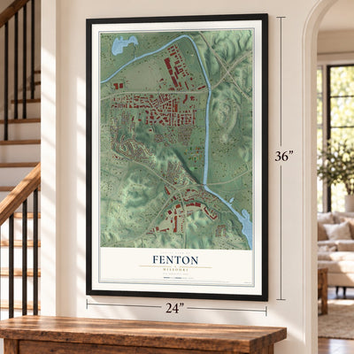 Fenton, Missouri map, 24 x 36 inch print in a black frame by a staircase