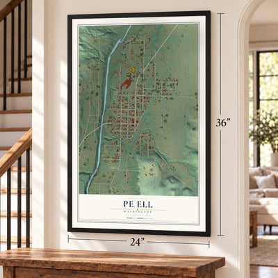 Pe Ell, Washington map, 24 x 36 inch print in a black frame by a staircase
