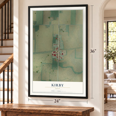 Kirby, Ohio map, 24 x 36 inch print in a black frame by a staircase