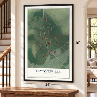 Laytonsville, Maryland map, 24 x 36 inch print in a black frame by a staircase