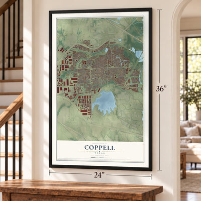 Coppell, Texas map, 24 x 36 inch print in a black frame by a staircase