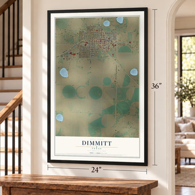 Dimmitt, Texas map, 24 x 36 inch print in a black frame by a staircase