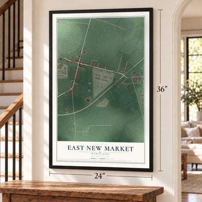 East New Market, Maryland map, 24 x 36 inch print in a black frame by a staircase