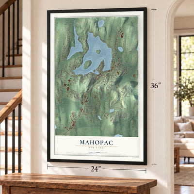 Mahopac, New York map, 24 x 36 inch print in a black frame by a staircase