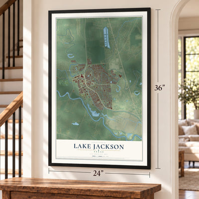 Lake Jackson, Texas map, 24 x 36 inch print in a black frame by a staircase