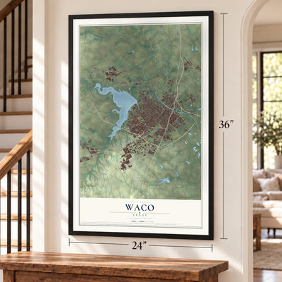 Waco, Texas map, 24 x 36 inch print in a black frame by a staircase
