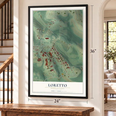 Loretto, Pennsylvania map, 24 x 36 inch print in a black frame by a staircase