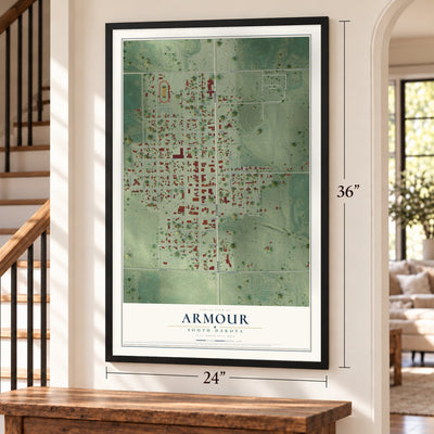 Armour, South Dakota map, 24 x 36 inch print in a black frame by a staircase