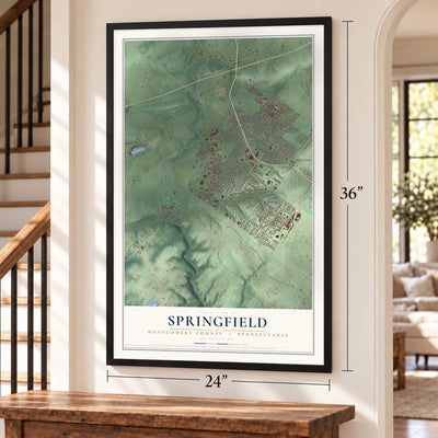 Springfield, Montgomery County, Pennsylvania map, 24 x 36 inch print in a black frame by a staircase