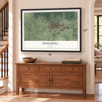 Rosenberg, Texas map, 24 x 36 inch print in a black frame above a dresser by a staircase